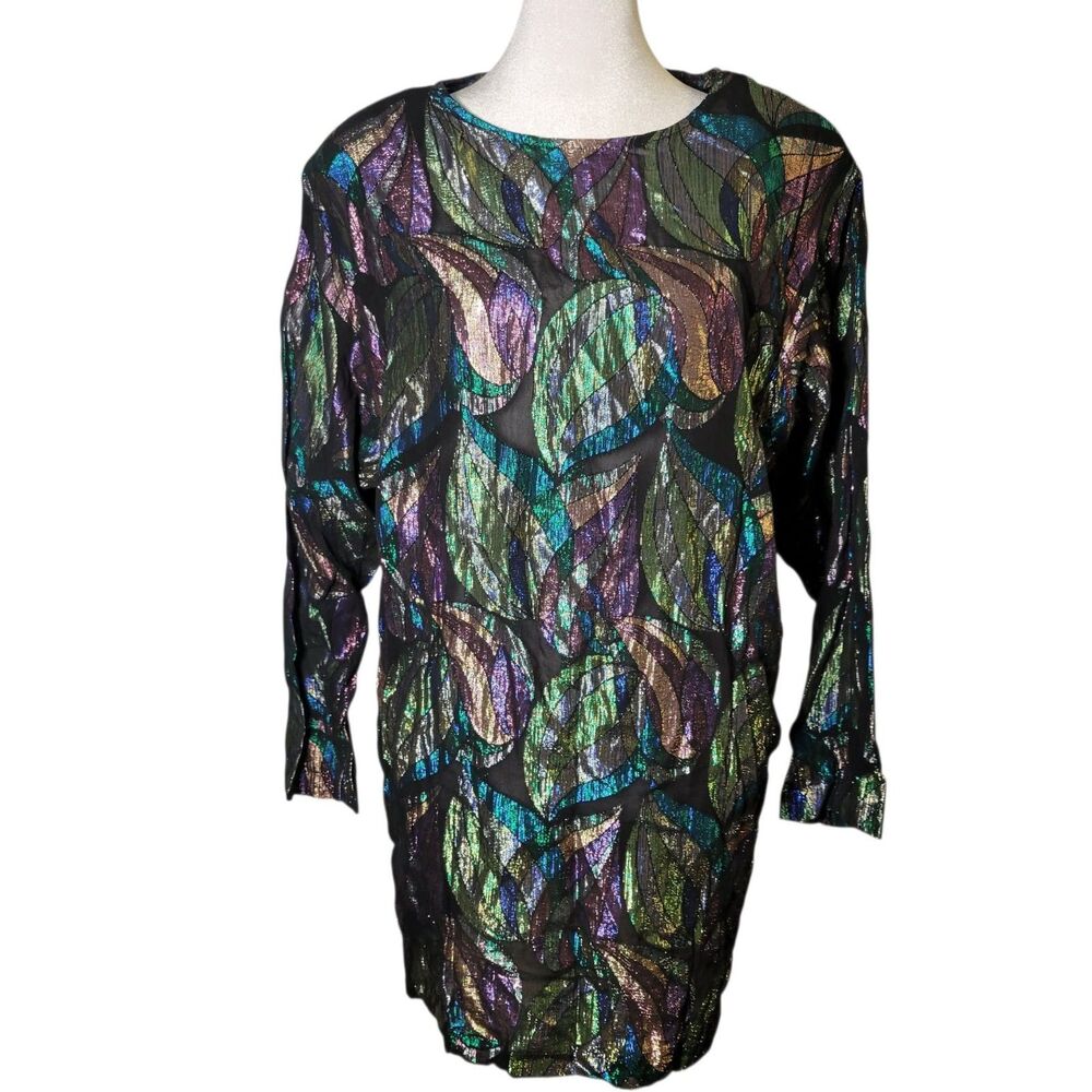 Vtg Stuart Lang Metallic Tunic Mini Dress Shimmer Peacock Retro Disco Glam Party